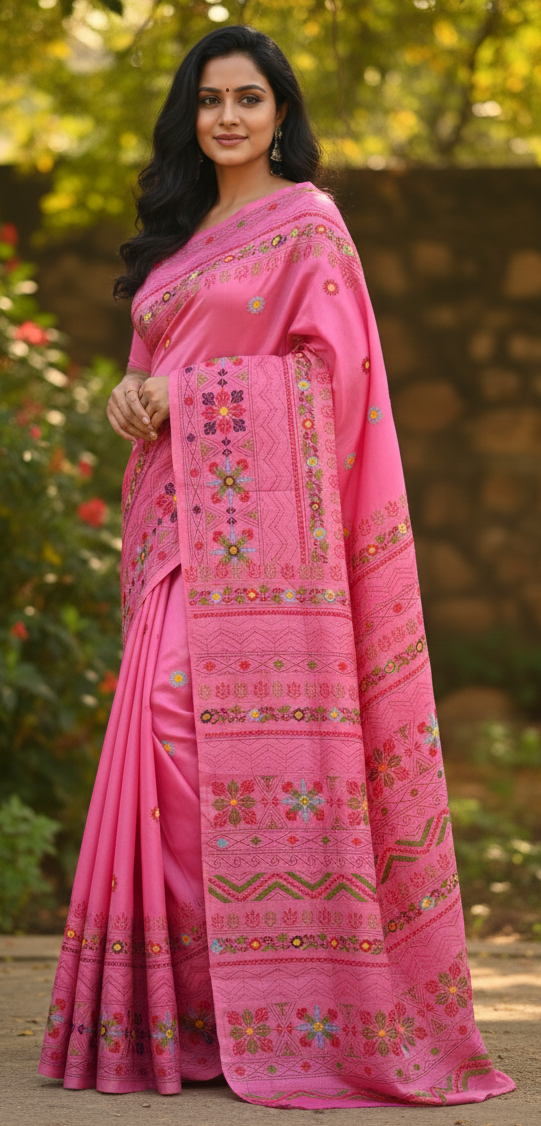 Pink Bangalore Blended Silk Lambani Stitched Saree – Handcrafted Tribal Embroidery with Matching Blouse Piece
