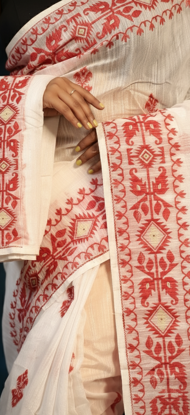 Traditional Bengal Handloom Saree with Red Kantha Stitch Embroidery
