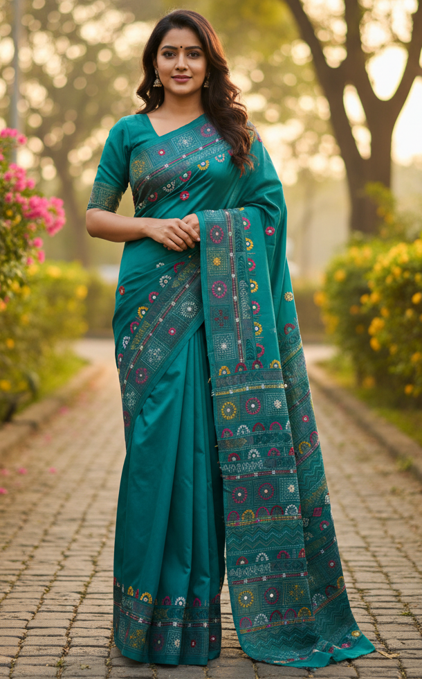 Teal Green Bangalore Blended Silk Lambani Stitched Saree