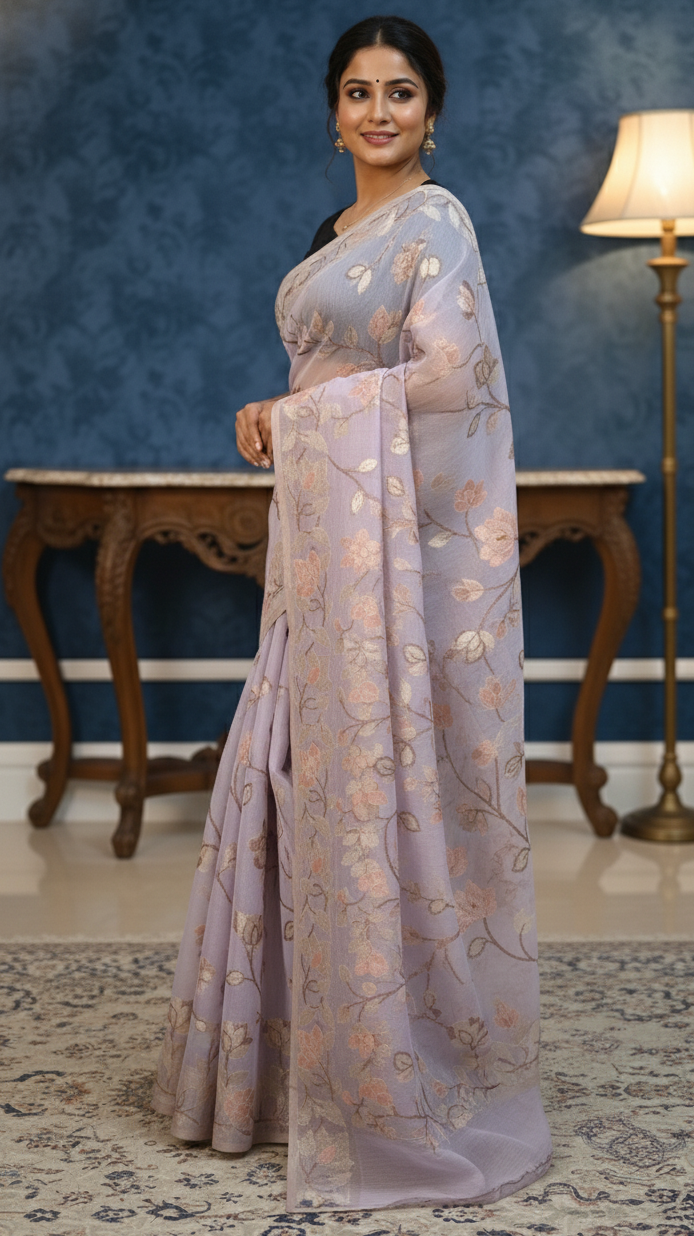 Elegant Lavender Muga Tassar Jamdani Saree