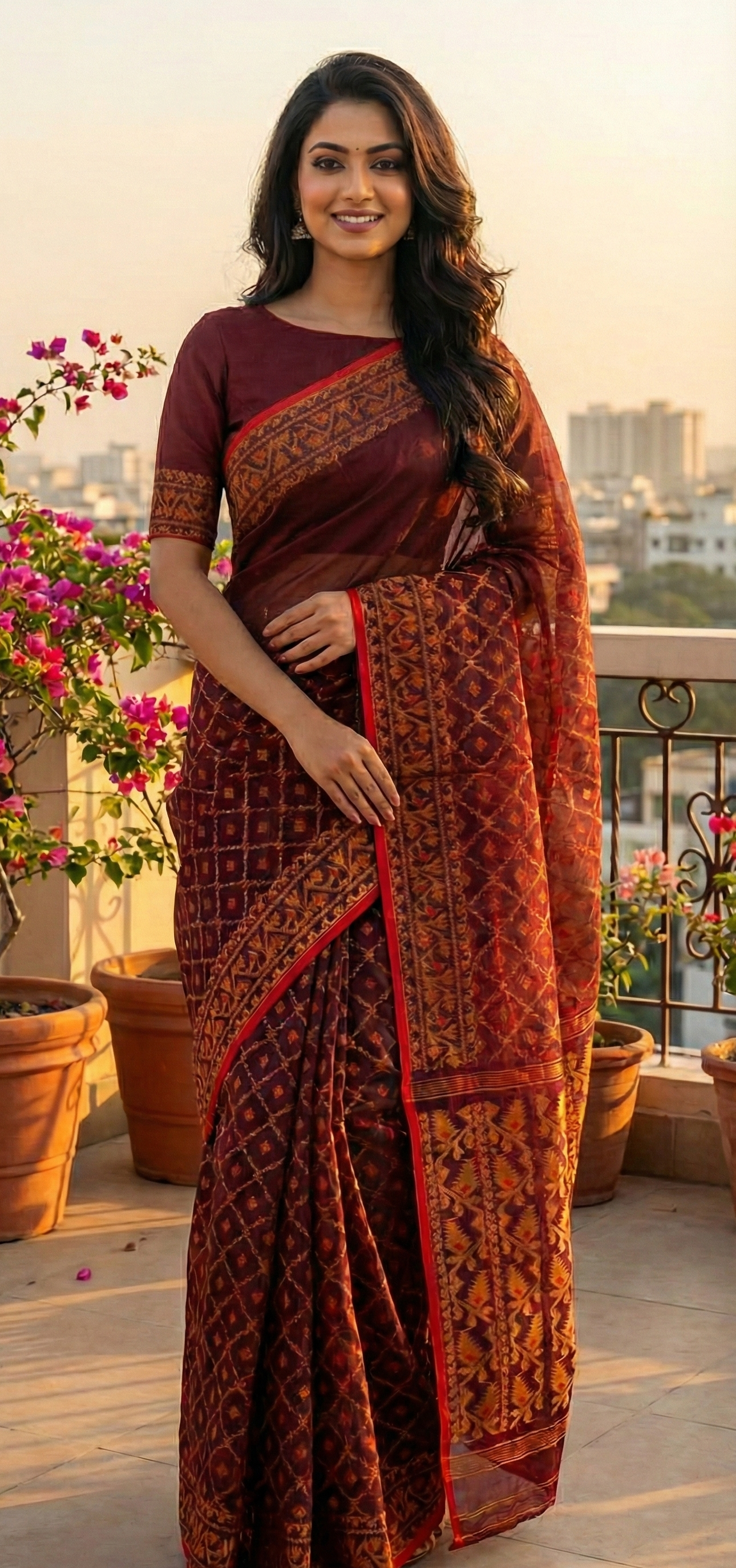 Premium Dhakai Jamdani Saree with Zari Work | Maroon & Gold Handloom Weaving | Traditional Festive Saree with Blouse Piece