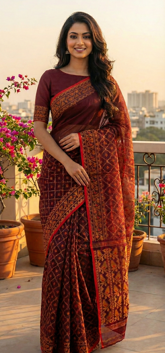 Premium Dhakai Jamdani Saree with Zari Work | Maroon & Gold Handloom Weaving | Traditional Festive Saree with Blouse Piece