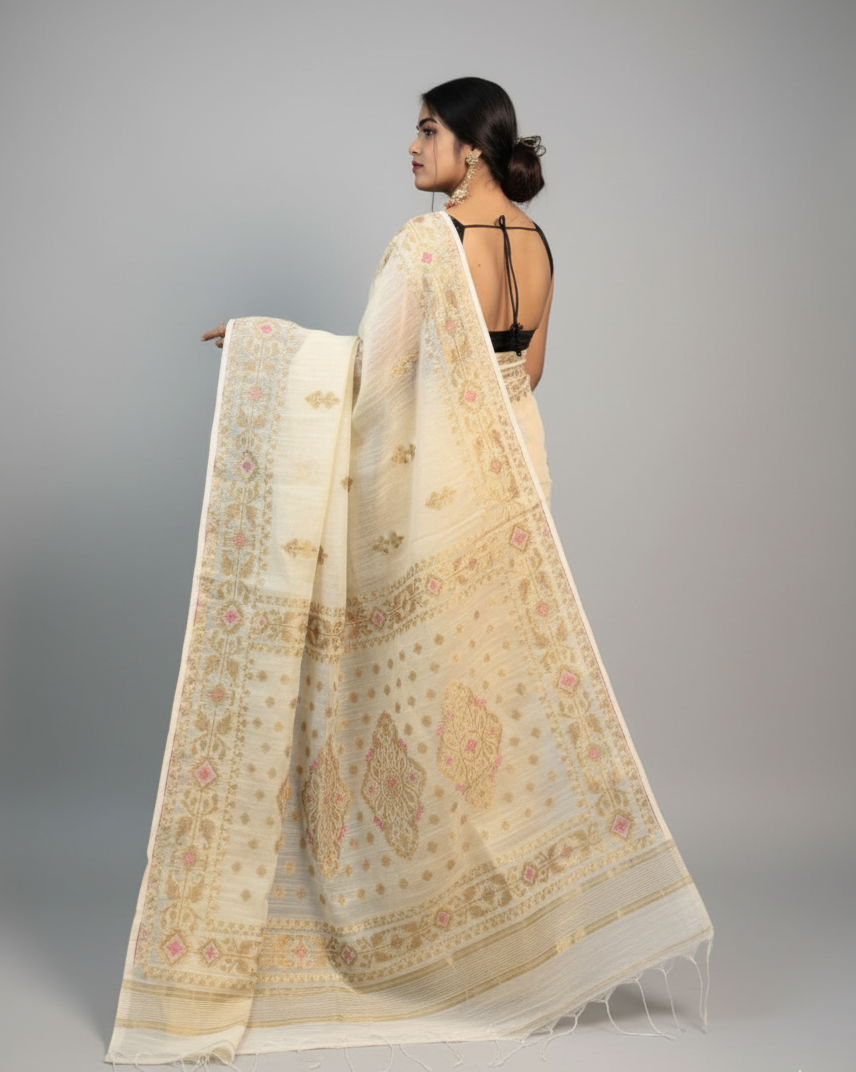 Beige Handloom Saree with Intricate Gold Zari Work
