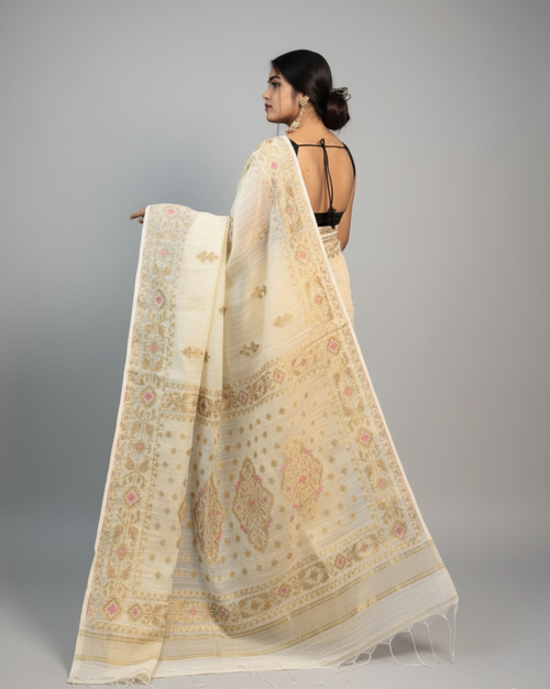 Beige Handloom Saree with Intricate Gold Zari Work