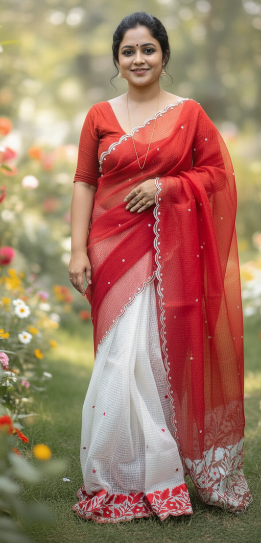 Premium Cotton Kota Saree with Elegant Parsi Embroidery – Red & White Designer Handcrafted Saree