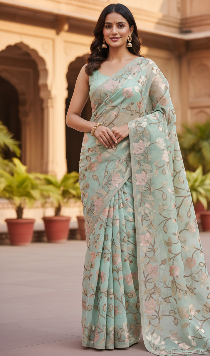 Premium Muga Tassar Jamdani Saree – Elegant Pastel Green with Floral Weaves | Handwoven Bengal Jamdani | Exclusive Designer Saree for Wedding & Festive Wear