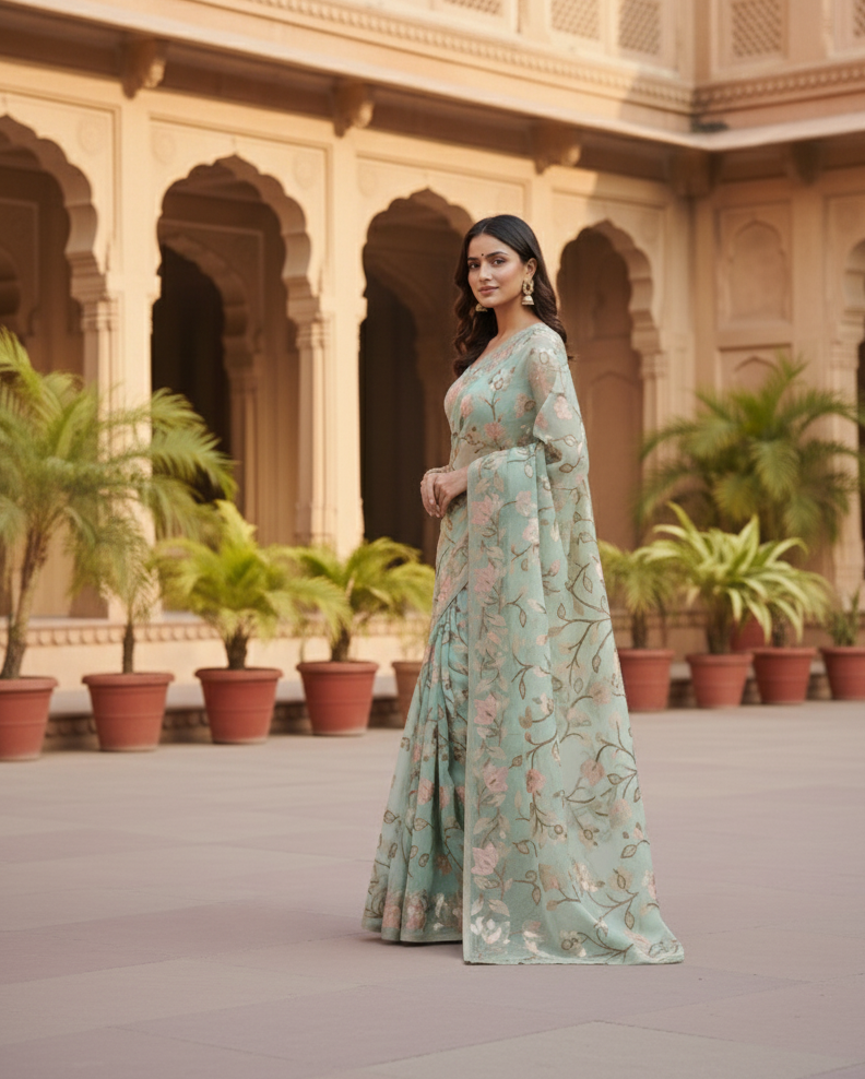 Premium Muga Tassar Jamdani Saree – Elegant Pastel Green with Floral Weaves | Handwoven Bengal Jamdani | Exclusive Designer Saree for Wedding & Festive Wear