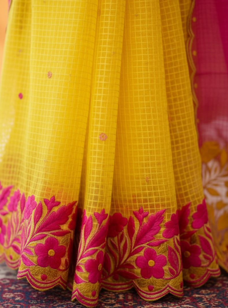 Premium Pure Cotton Kota Saree with Elegant Parsi Embroidery – Yellow & Pink Designer Party Wear