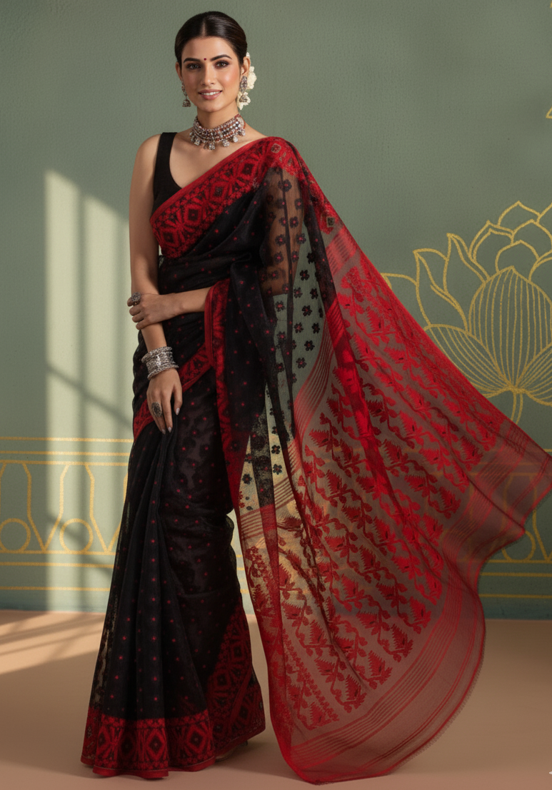 Elegant Black & Red Pure Jamdani Saree | Handwoven Bengali Soft Cotton Saree with Intricate Thread Work & Contrast Pallu