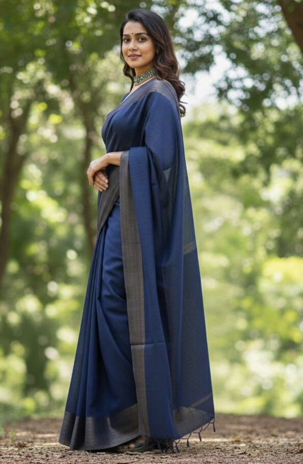 Premium Navy Blue Semi Matka Silk Saree with Matching Blouse Piece