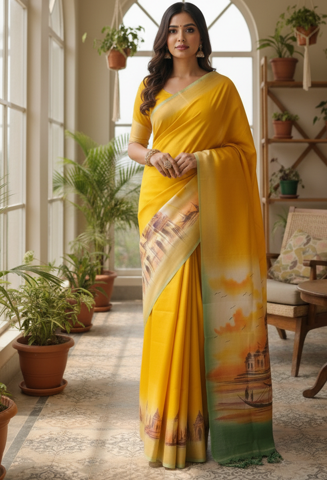 Premium digital printed Pure Bishnupuri Silk Saree with Blouse Piece – Temple Design & Artistic Work