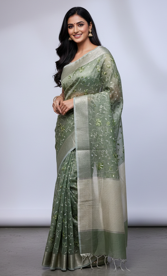 Authentic Olive Green Muslin Tissue Saree with Floral Embroidery & Zari Border | Lightweight Handloom Saree with Blouse Piece