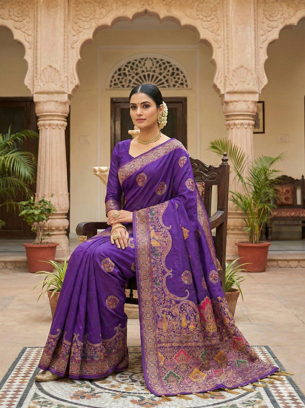 Pure Rajwadi Pashmina Silk Weaving Saree in Royal Purple