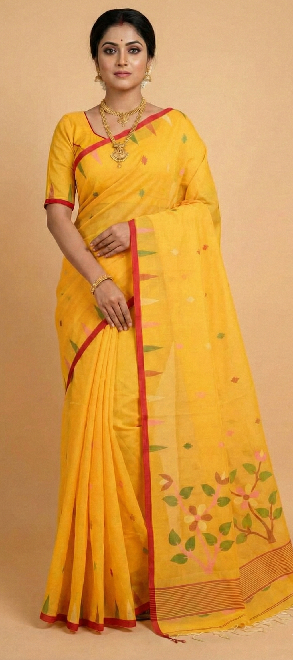 Pure Cotton Needle work Jamdani Saree with Temple Border