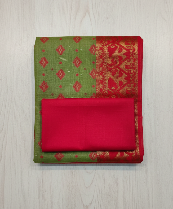 Green & Red Mina Work Dhakai Jamdani Saree