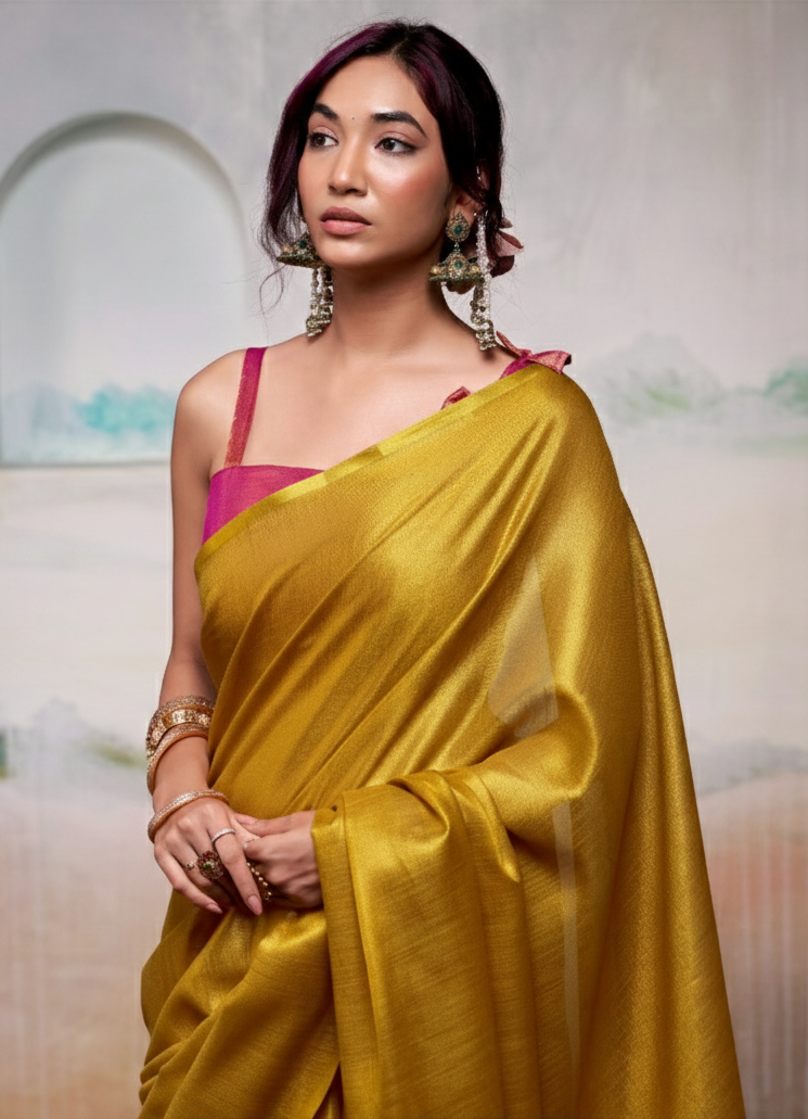 Handloom Mustard Yellow Tissue Silk Saree