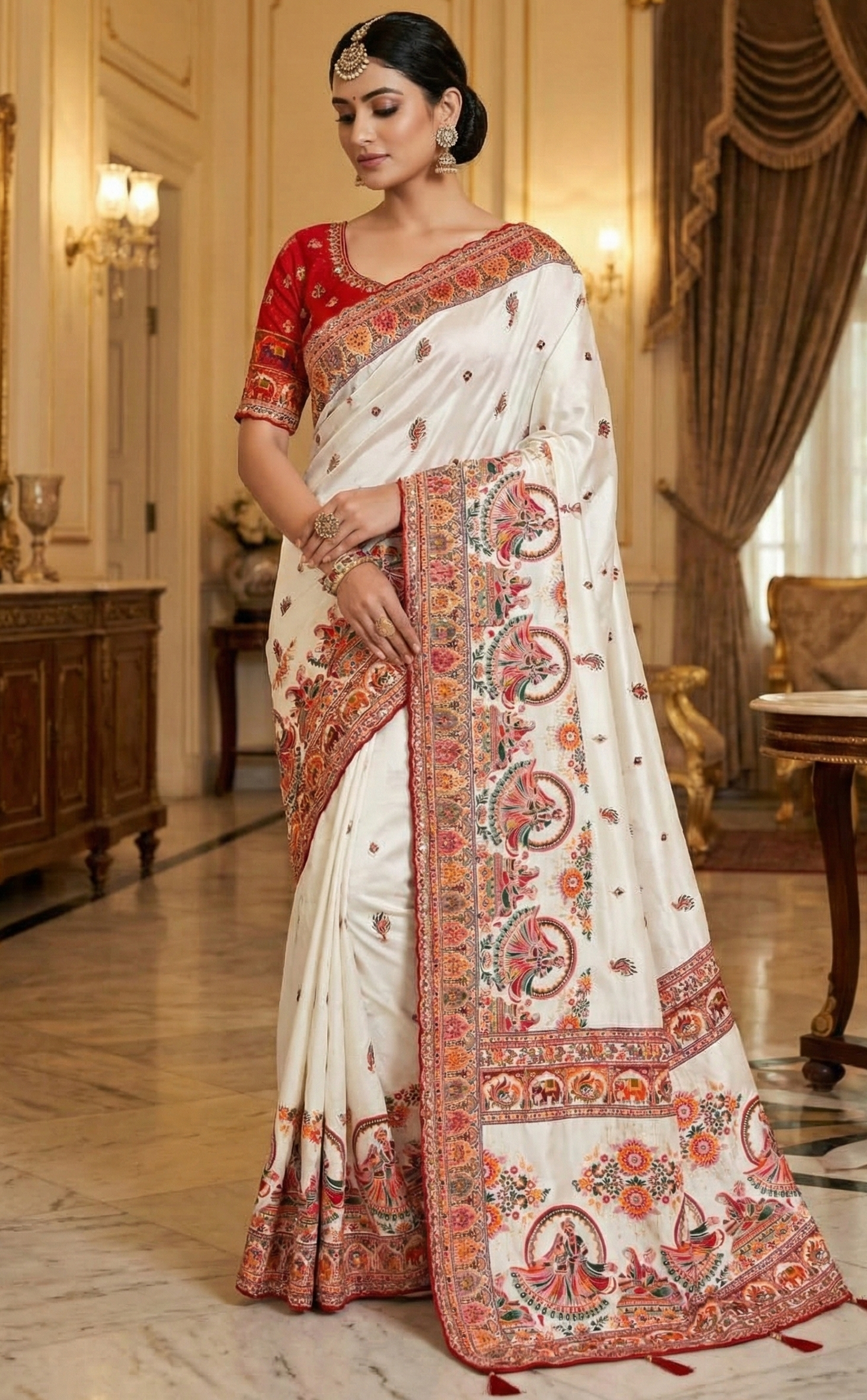 Pure Rajwadi Pashmina Silk Saree with Kashmiri Thread Work Pallu & Heavy Zari Weaving Border – Soft Pashmina Silk Saree with Butti Blouse