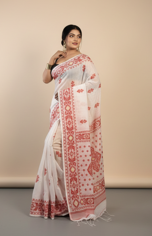 Traditional Bengal Handloom Saree in White with Red Kantha Stitch Embroidery and Blouse Piece