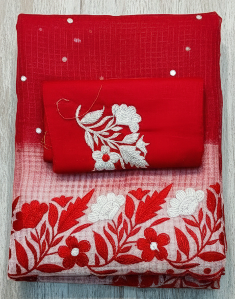 Premium Cotton Kota Saree with Elegant Parsi Embroidery – Red & White Designer Handcrafted Saree