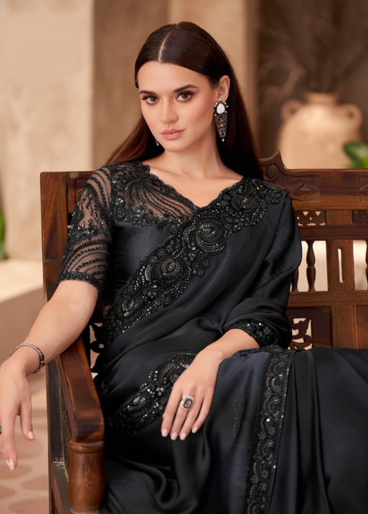 Pure Chiffon Designer Saree in Classic Black with Heavy Embroidery & Sequin Work | Elegant Party Wear & Evening Saree