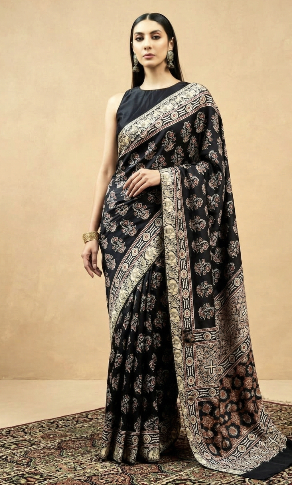 Elegant Black Ajrakh Print Modal Silk Saree with Printed Blouse Piece
