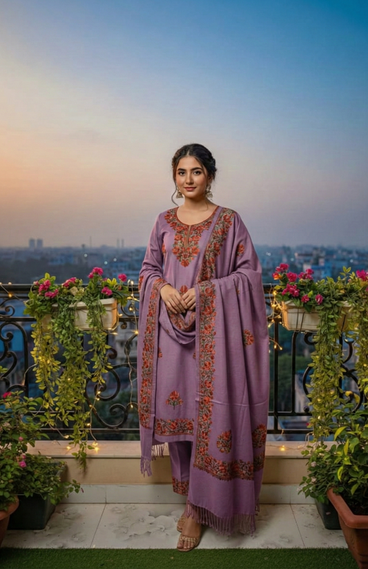 Pure Cotsul Kashmiri Stitch Embroidered 3-Piece Salwar Suit for Women – Lavender Mauve