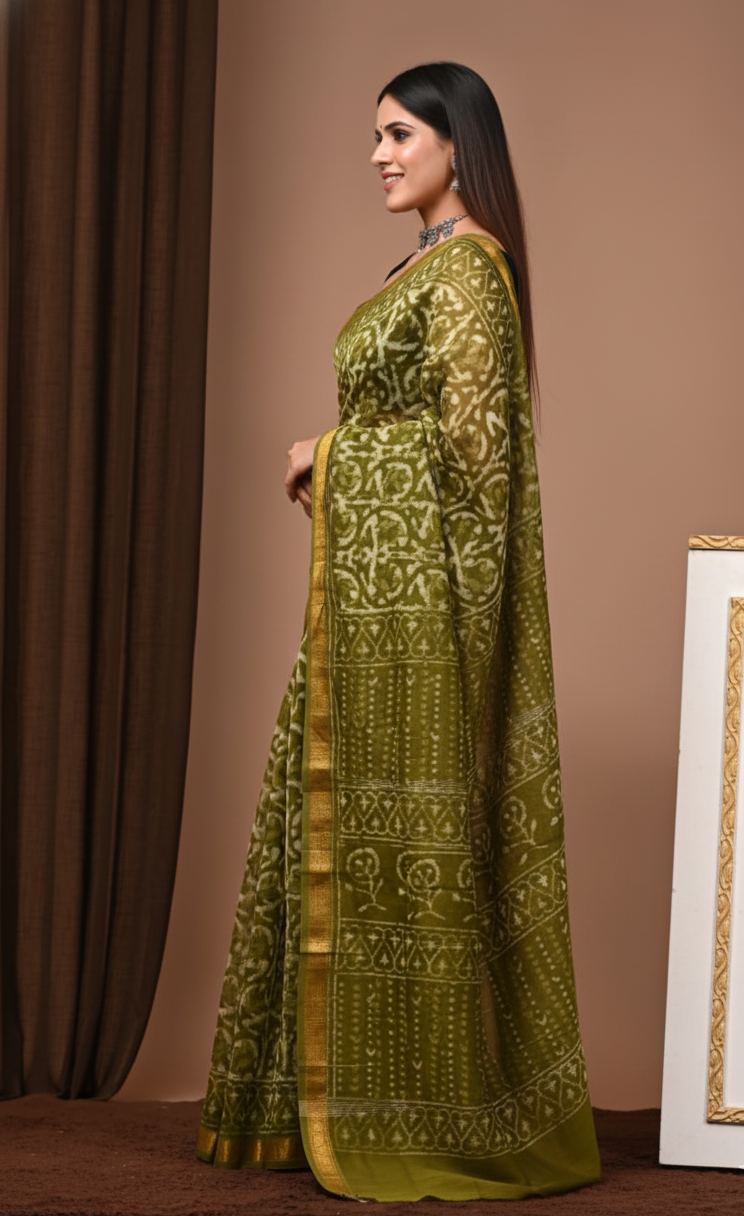 Exclusive Olive Green Traditional Block Print Maheshwari Silk Saree
