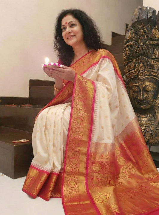 Soft Lichi Silk Saree with Rich Contrast Jacquard Border & Matching Jacquard Blouse