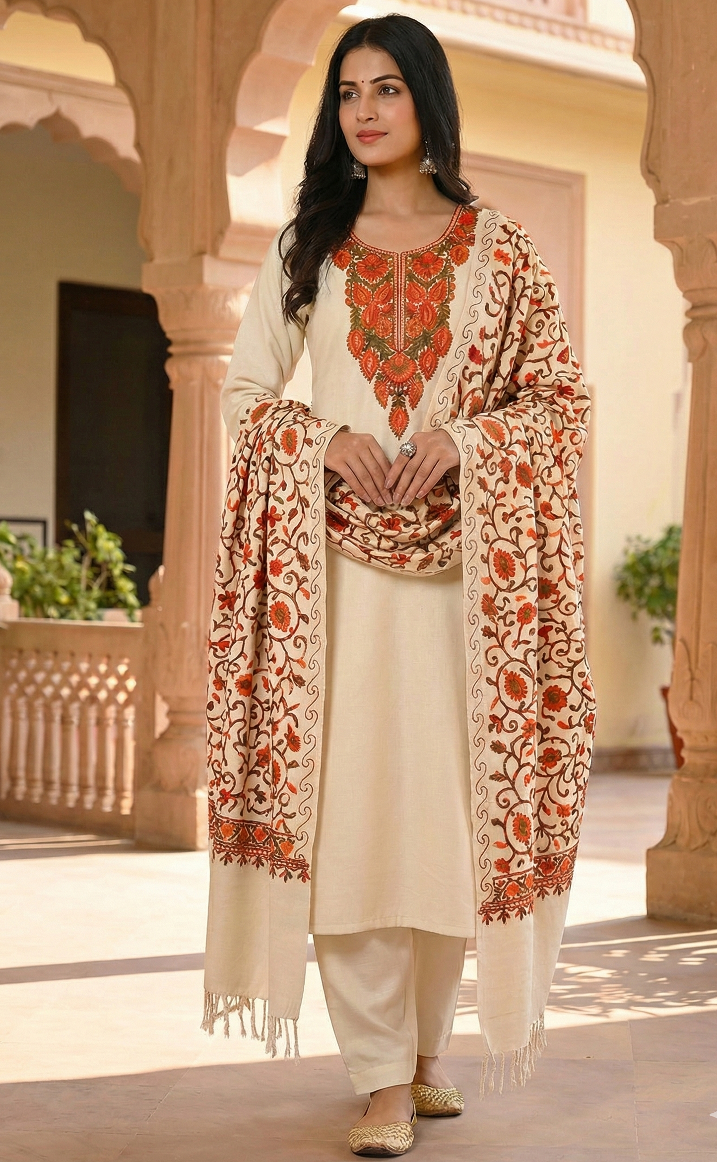 Winter Special Unstitched 3-Piece Kashmiri Stitch Work Salwar Suit Set – Premium Wool Blend Fabric with Heavy Embroidered Shawl Dupatta