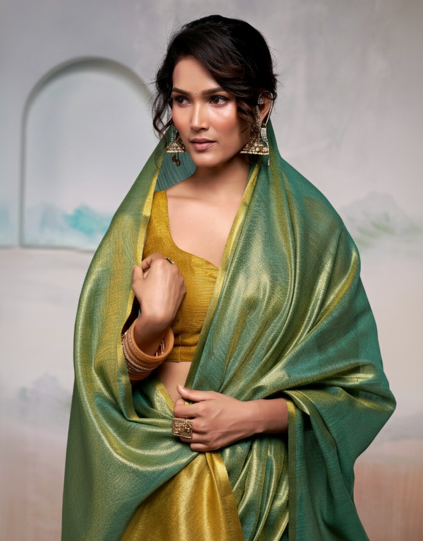 Elegant Sage Green & Mustard Yellow Pure Handloom Tissue Saree