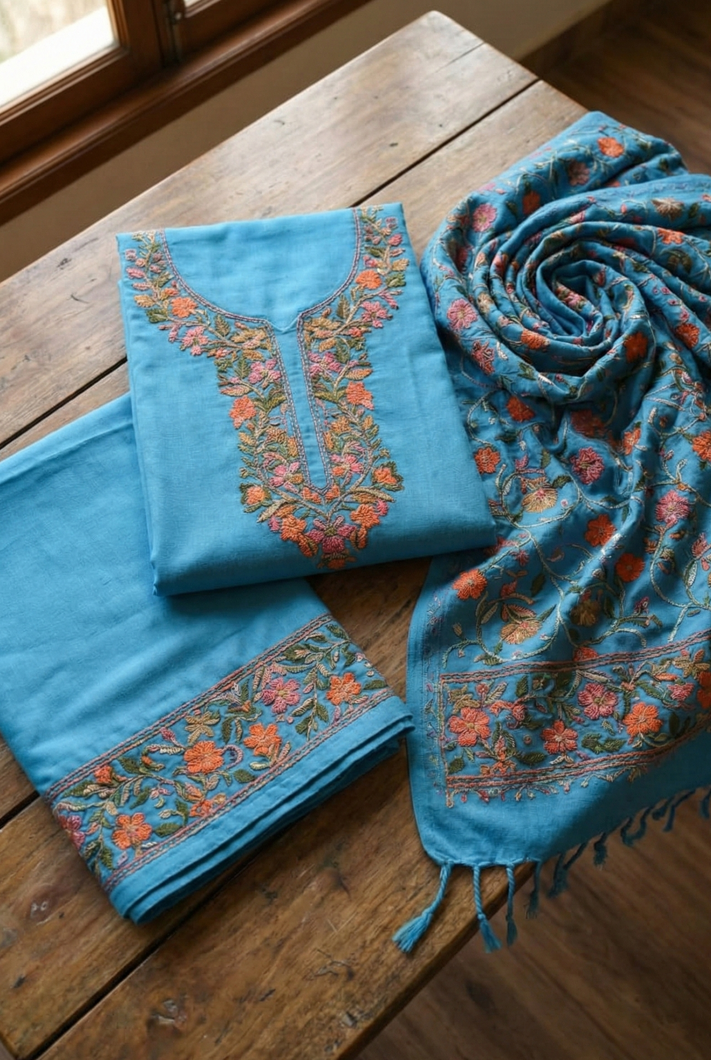 Kashmiri Stitch Pure Cotsul Embroidered Suit Set | 3-Piece Elegant Salwar Suit for Women