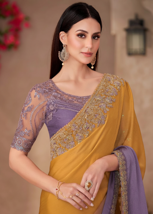 Pure Chiffon Designer Saree in Mustard Yellow & Lavender with Heavy Embroidered Border | Elegant Party & Festive Wear Saree