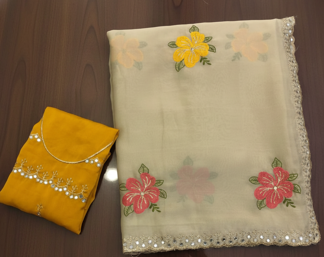 Premium Chiffon Saree with Floral Thread Embroidery & Mirror Work