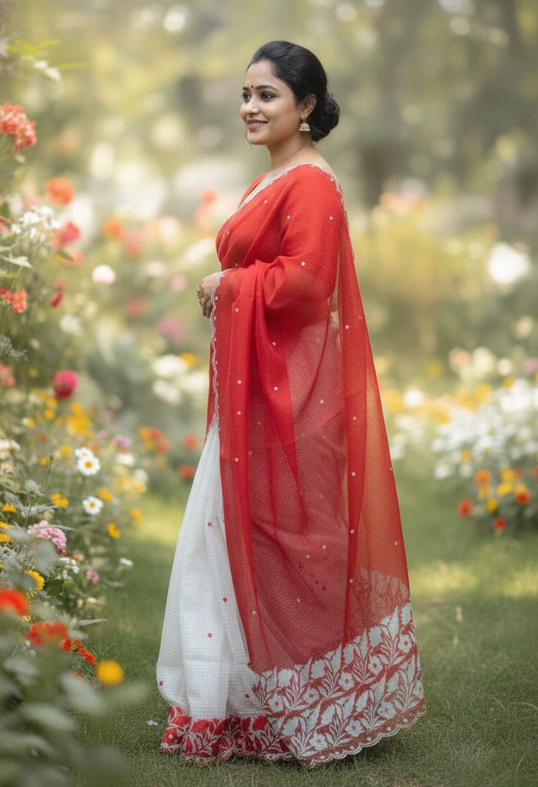 Premium Cotton Kota Saree with Elegant Parsi Embroidery – Red & White Designer Handcrafted Saree