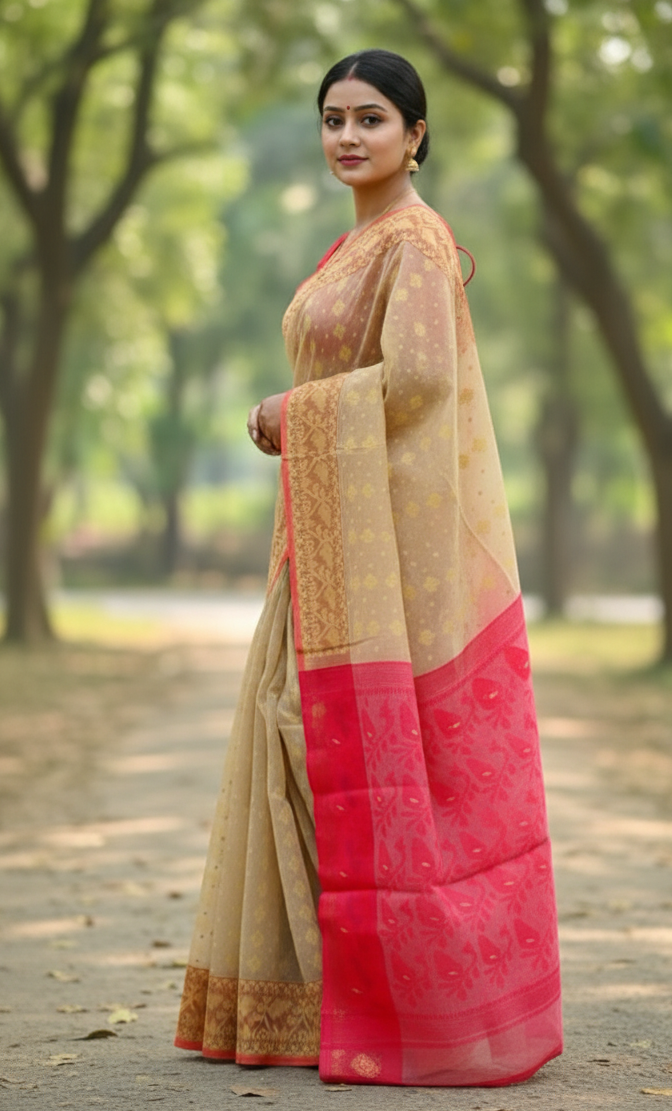 Beige & Red Dhakai Jamdani Saree with Mina Work | Handwoven Pure Cotton Saree with Blouse Piece | Traditional Bengali Saree for Festive & Wedding Wear