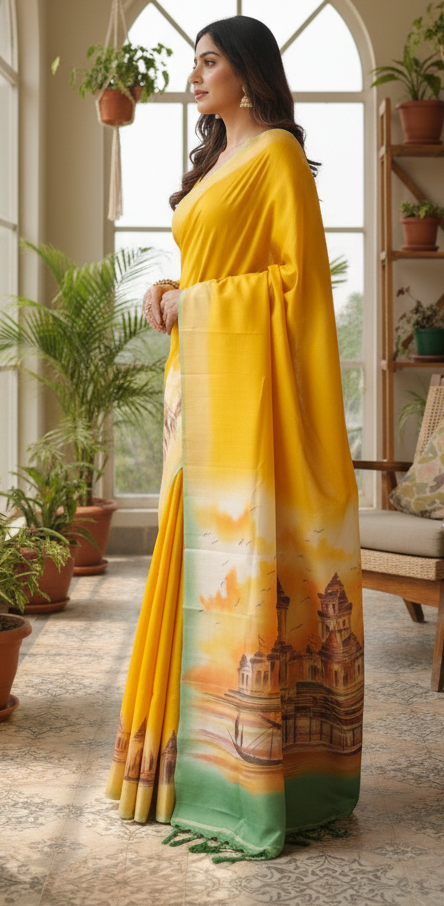 Premium digital printed Pure Bishnupuri Silk Saree with Blouse Piece – Temple Design & Artistic Work