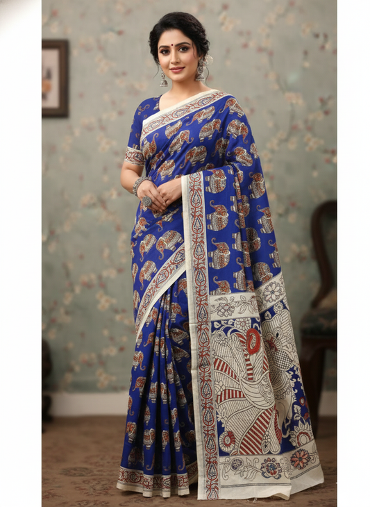 Pure Andhra Kalamkari Silk Saree with Elephant Motif Hand Print & Attached Blouse Piece | Authentic Kalamkari Silk Saree for Festive & Traditional Wear