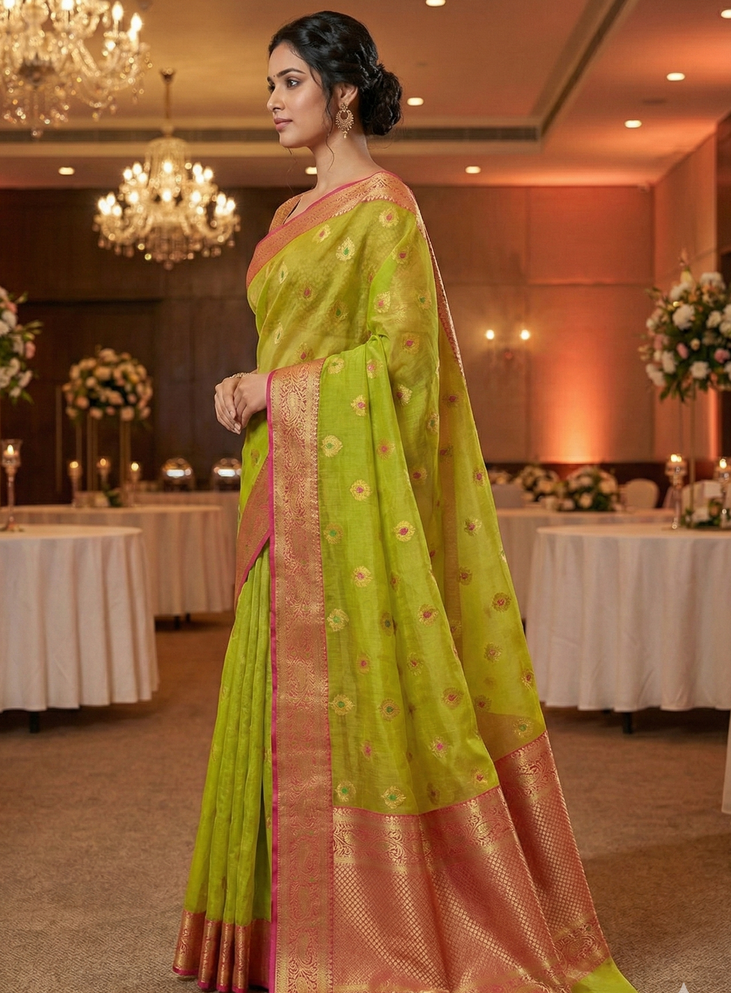 Pure Muslin Mina Banarasi Saree with Zari Weaving Border & Matching Blouse Piece