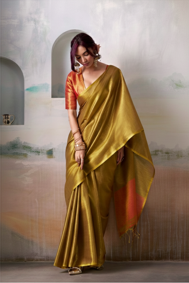 Elegant Mustard Gold Pure Handloom Tissue Saree