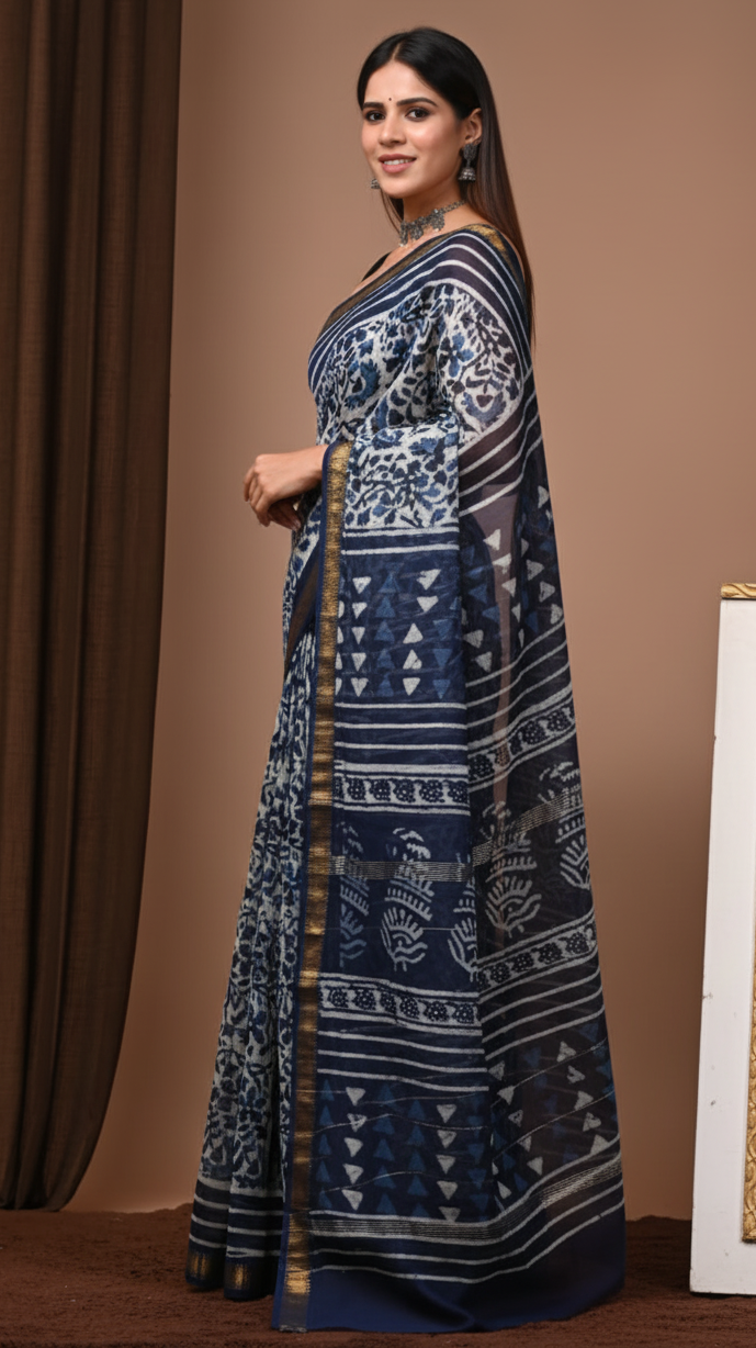 Navy Blue Traditional Hand Block Print Maheshwari Silk Saree with Zari Border – Pure Handloom Artistry by Tiyaz