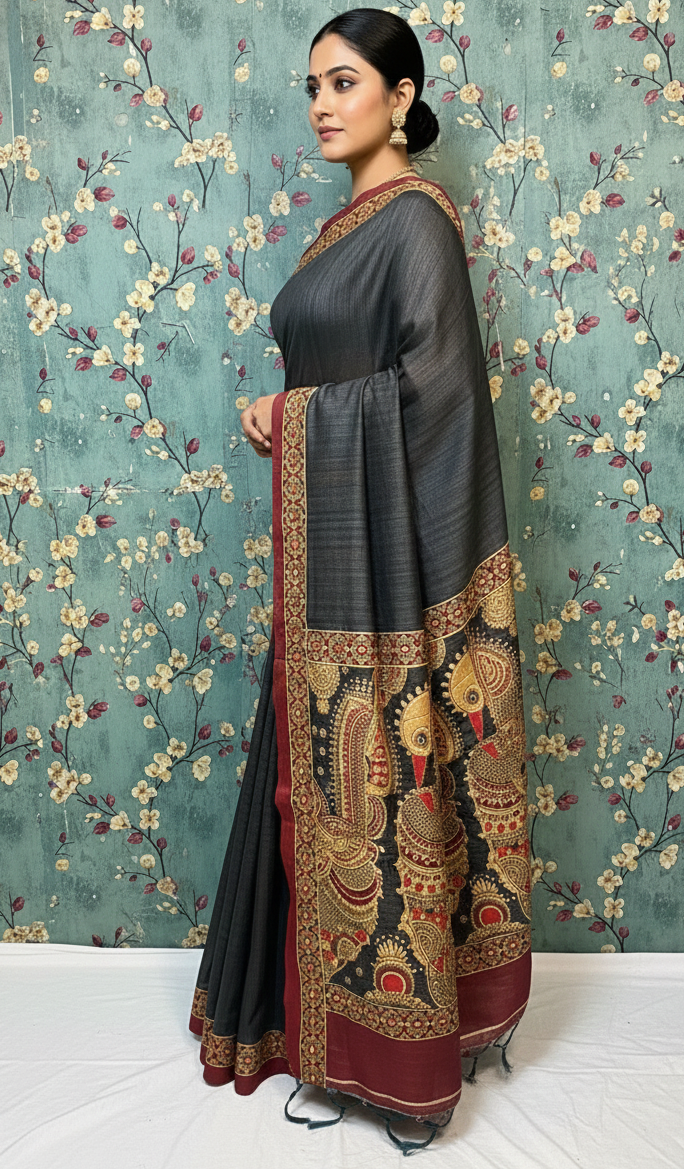 Hand Katha Stitch Manikpuri Kalamkari Silk Saree