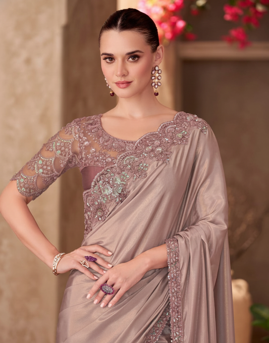 Shimmer Silk Crepe Designer Saree in Taupe Grey with Heavy Embroidered Border | Elegant Party & Festive Wear Saree
