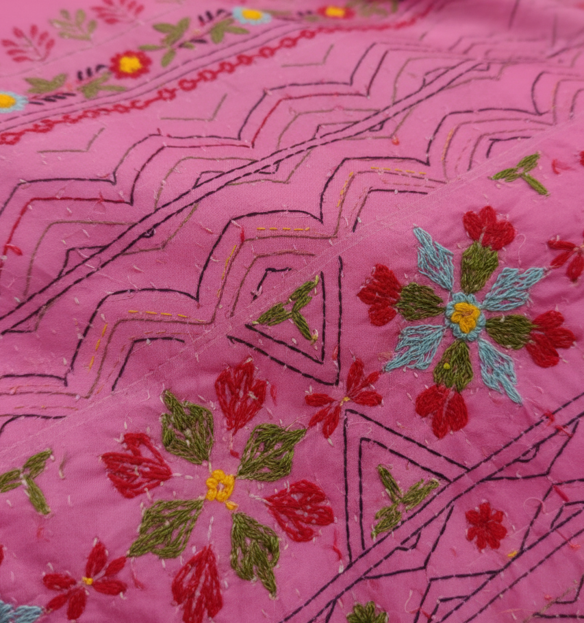 Pink Bangalore Blended Silk Lambani Stitched Saree – Handcrafted Tribal Embroidery with Matching Blouse Piece