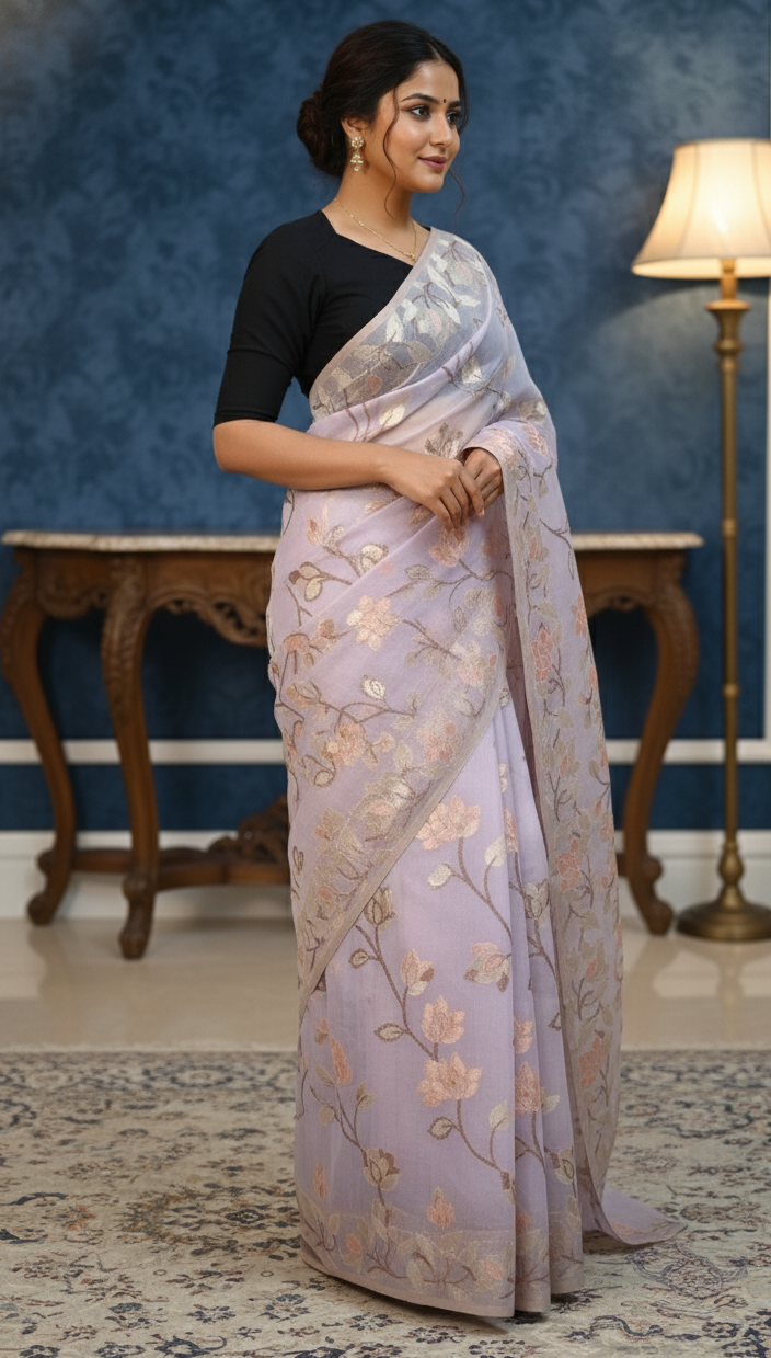 Elegant Lavender Muga Tassar Jamdani Saree