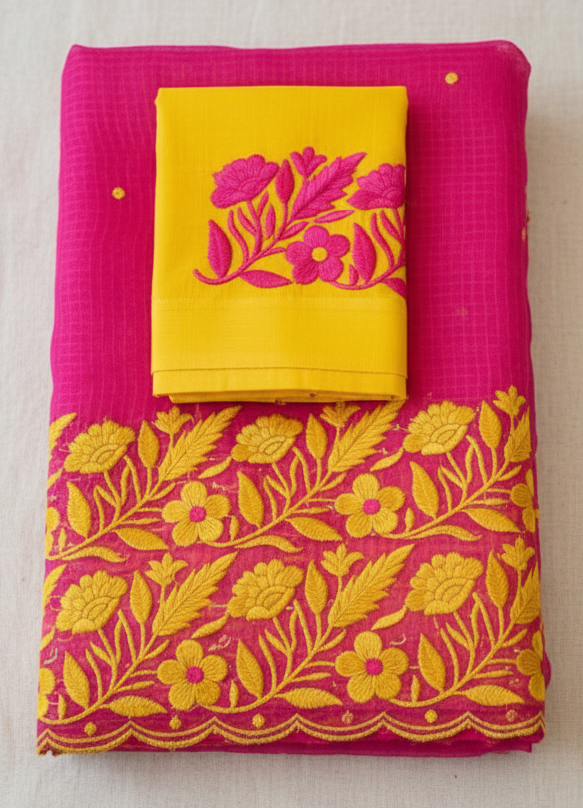 Premium Pure Cotton Kota Saree with Elegant Parsi Embroidery – Yellow & Pink Designer Party Wear
