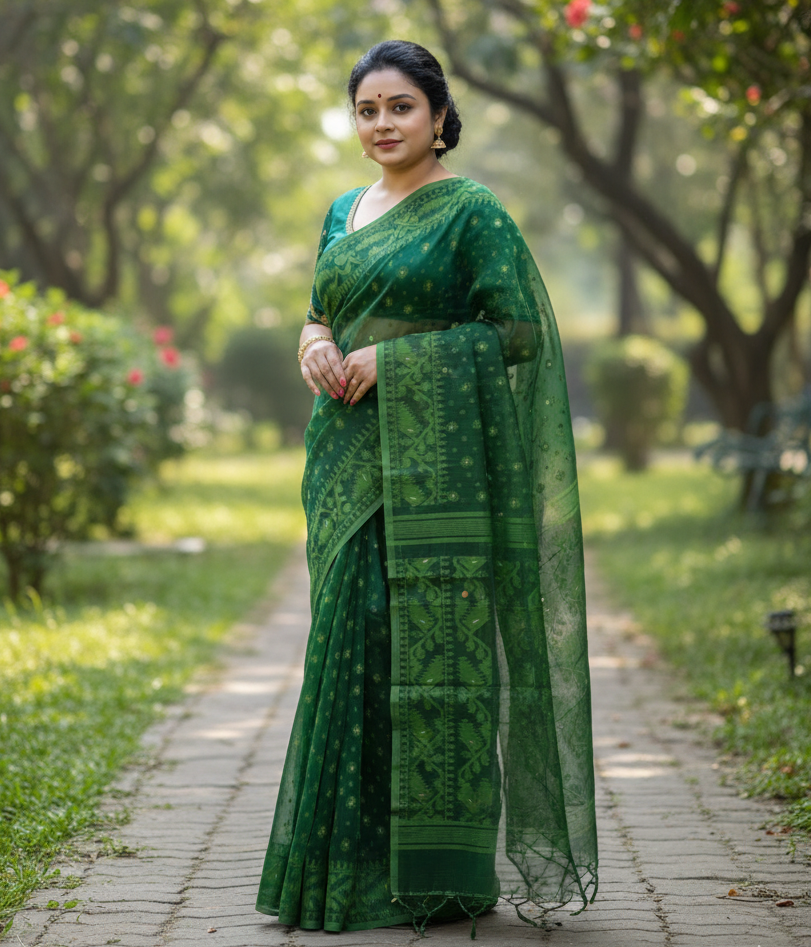 Elegant Green Pure Soft Jamdani Saree | Traditional Bengali Handwoven Cotton Saree with Intricate Weaving & Zari Detailing