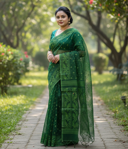 Elegant Green Pure Soft Jamdani Saree | Traditional Bengali Handwoven Cotton Saree with Intricate Weaving & Zari Detailing