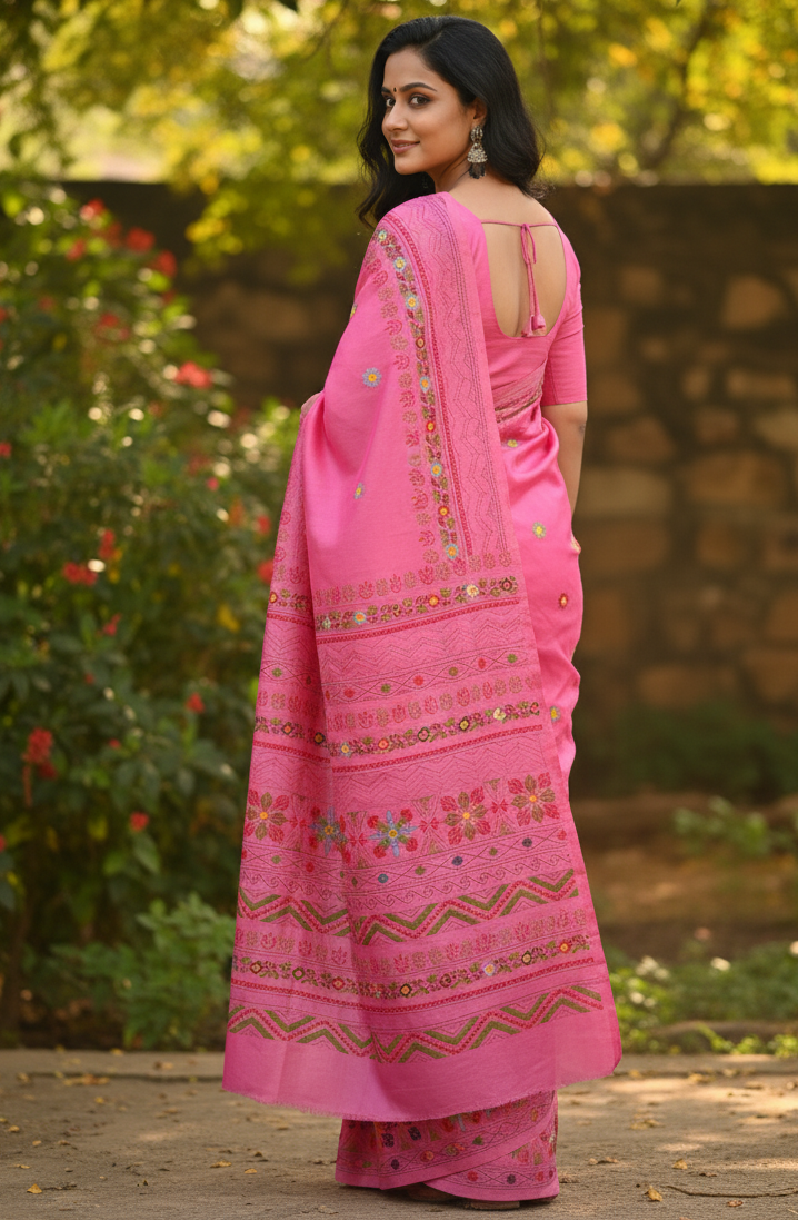 Pink Bangalore Blended Silk Lambani Stitched Saree – Handcrafted Tribal Embroidery with Matching Blouse Piece