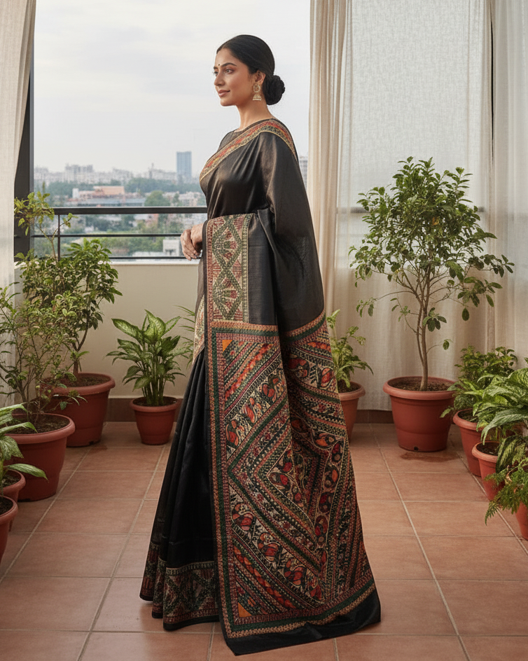 Black Tussar Ghicha Silk Saree with Madhubani Hand Painting