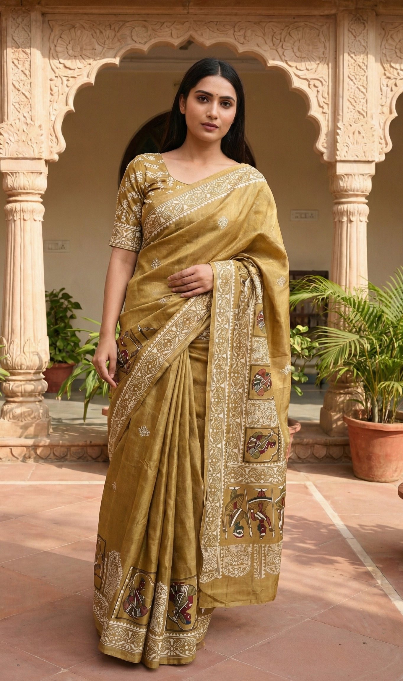Olive Gold Soft Silk Saree with Handcrafted Motif Border